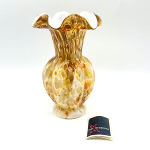 Fenton Autumn Vasa Murrhina Ruffled Vase White Cased Glass Sticker Vintage 8"